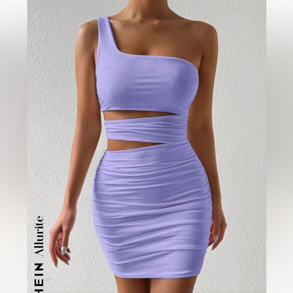SHEIN Allurite Asymmetric Neck Hollow Ruched Slouchy Shoulder Dress size Med